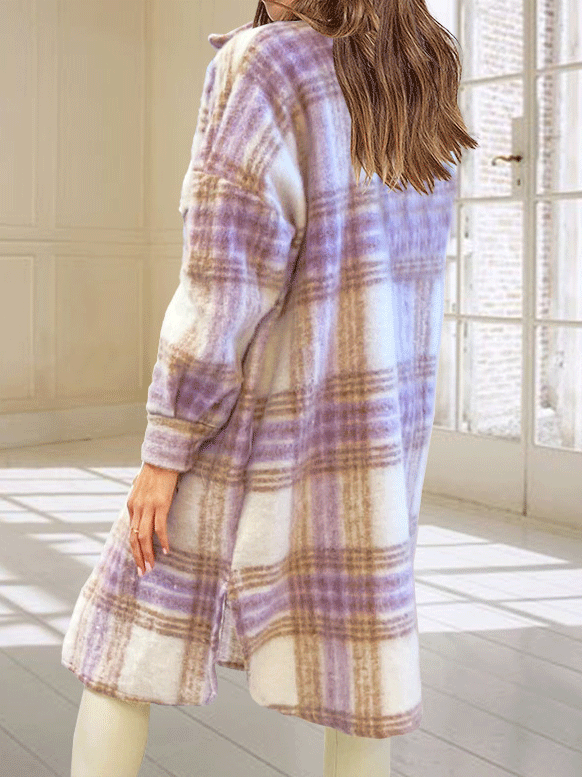 Women's Coats Casual Button Plaid Woolen Long Coat