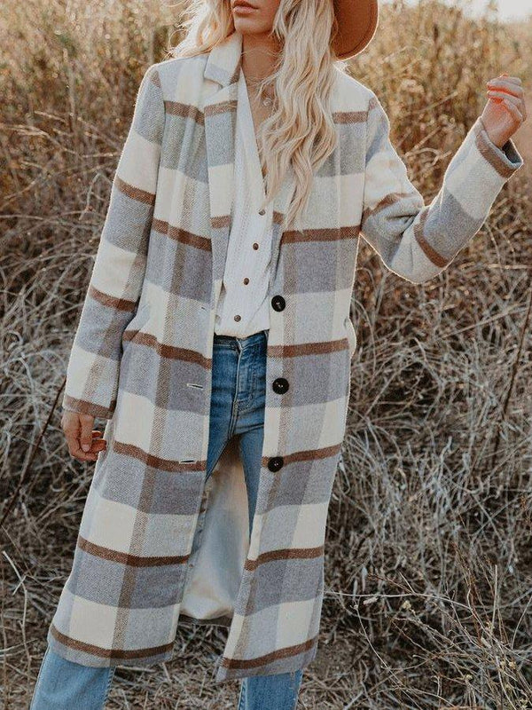 Women's Coats Checked Button Pocket Long Woolen Coat