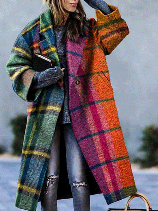 Women's Coats Colorblock Plaid Print Long Sleeve Lapel Woolen Coat