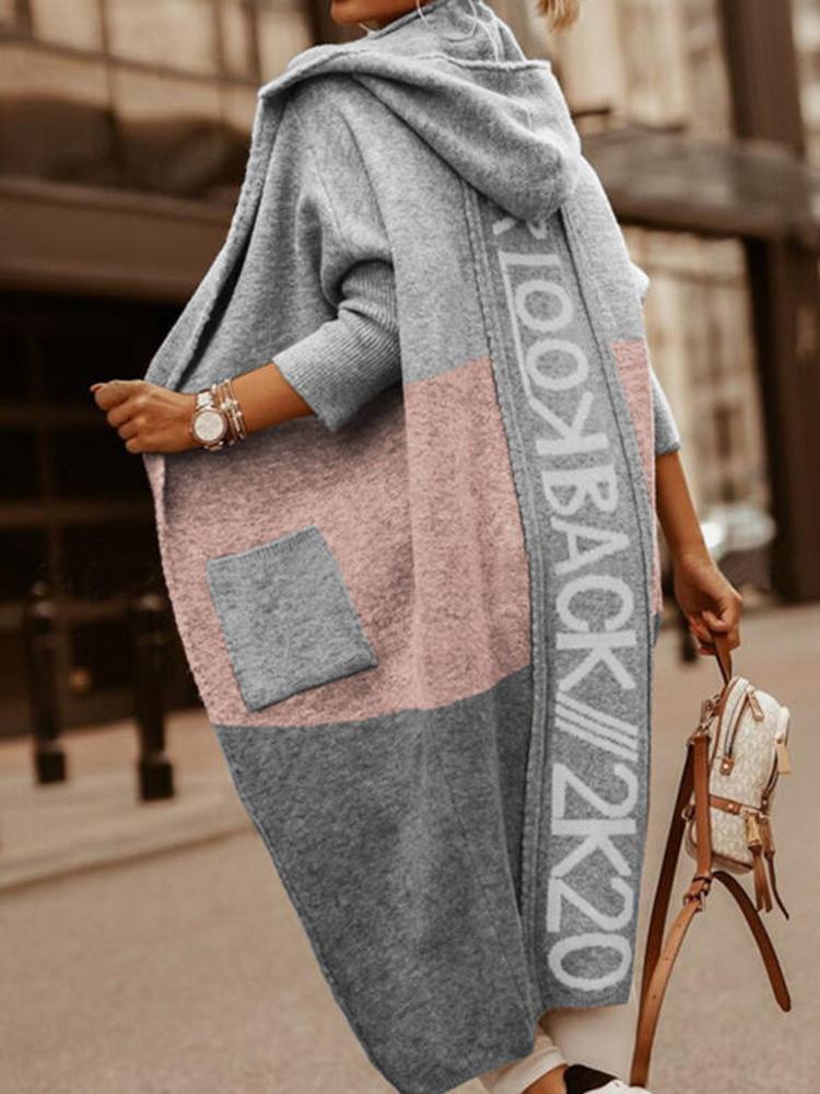 Women's Coats Colorblock Pocket Hooded Long Cardigan Coat