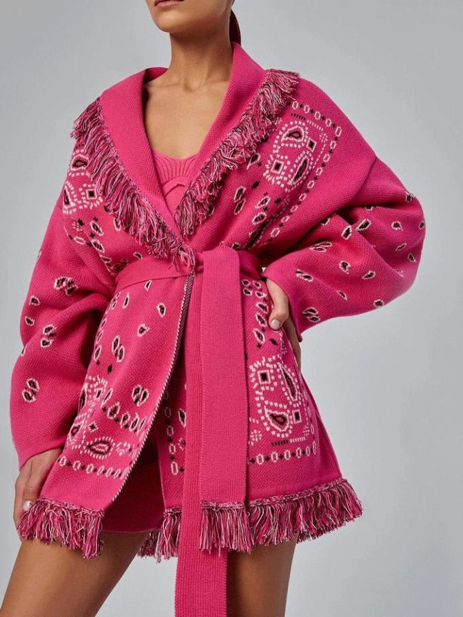 Women's Coats Fashion Printed Fringed Belt Sweater Cardigan Coat