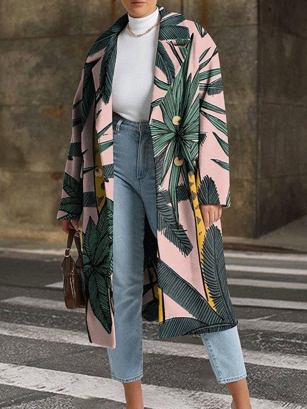 Women's Coats Fashion Printed Lapel Mid-Length Coat