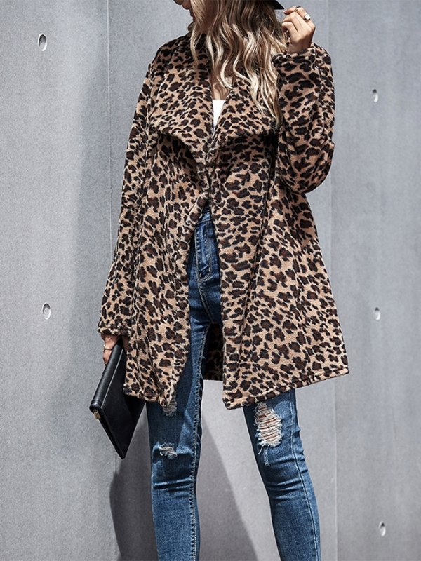 Women's Coats Faux Fur Woolen Leopard Coat