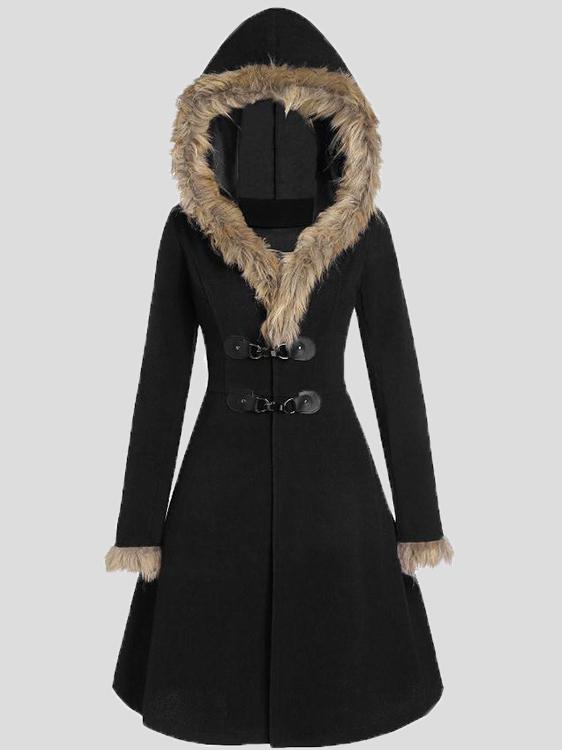 Women's Coats Fur Hat Side Sleeve Button Woolen Mid-Length Coat