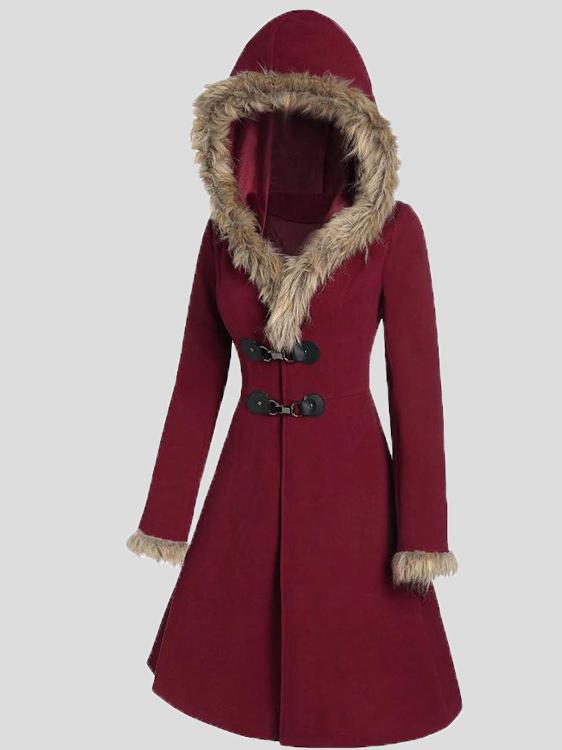 Women's Coats Fur Hat Side Sleeve Button Woolen Mid-Length Coat