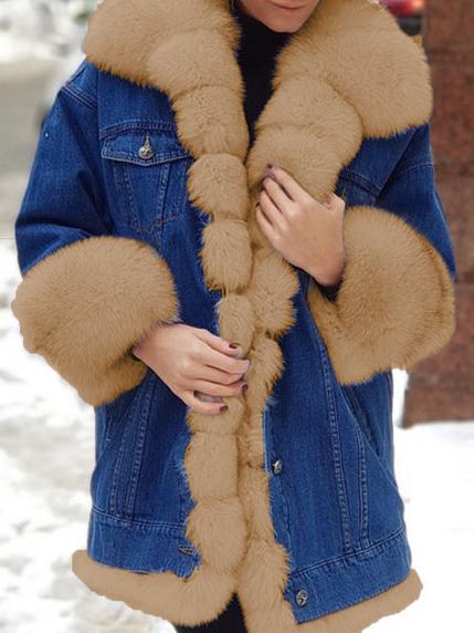 Women's Coats Furry Denim Super Warm Long Sleeve Coat