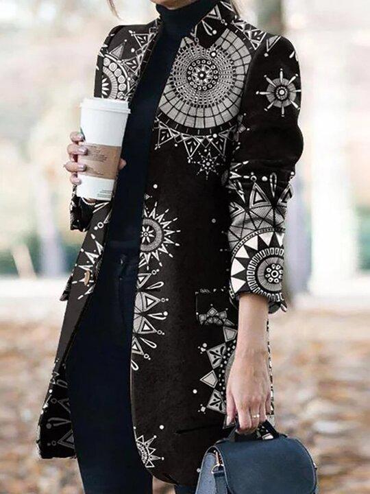 Women's Coats Graphic Print Stand Collar Long Sleeve Woolen Coat
