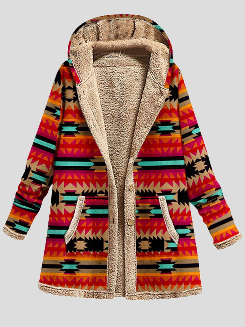 Women's Coats Graphic Printed Long Sleeve Pocket Button Hooded Coat