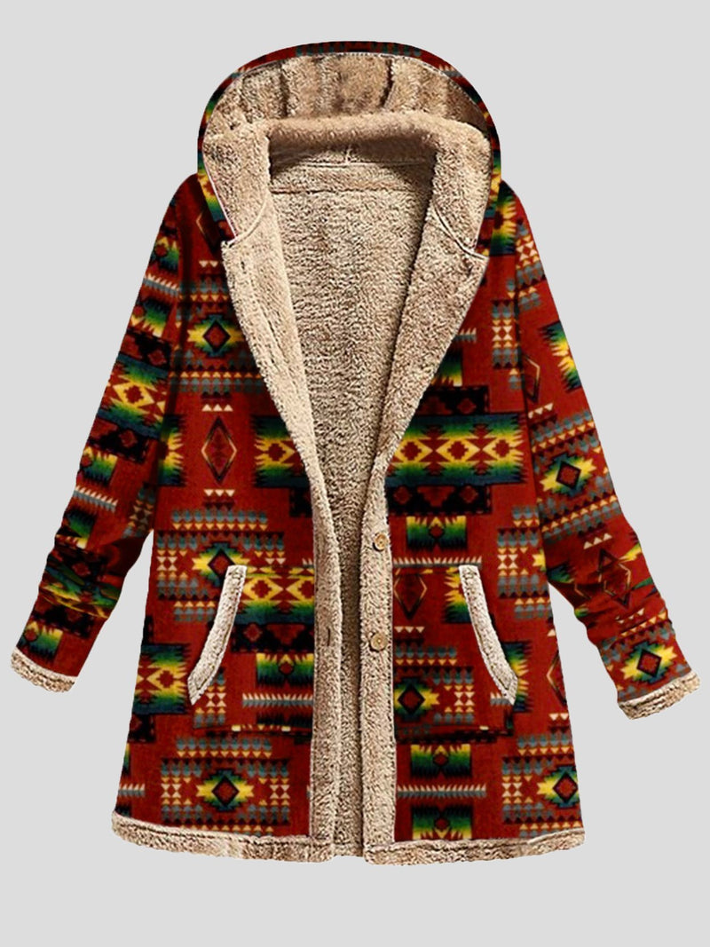 Women's Coats Graphic Printed Long Sleeve Pocket Button Hooded Coat