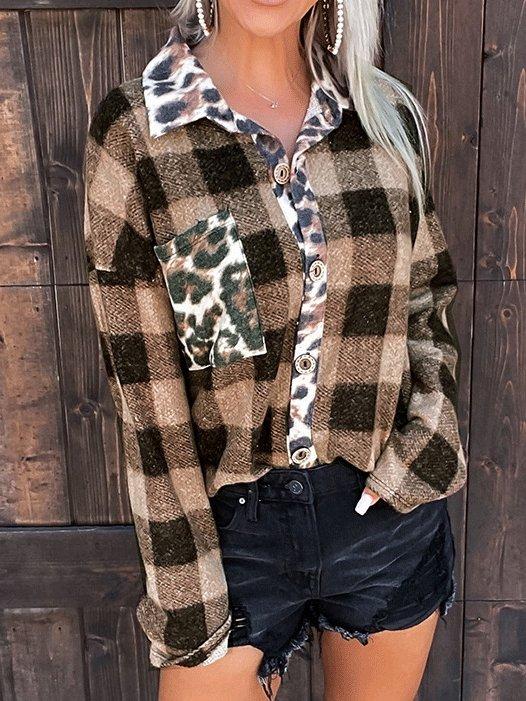 Women's Coats Houndstooth Leopard Print Contrast Plaid Long Sleeve Blouses