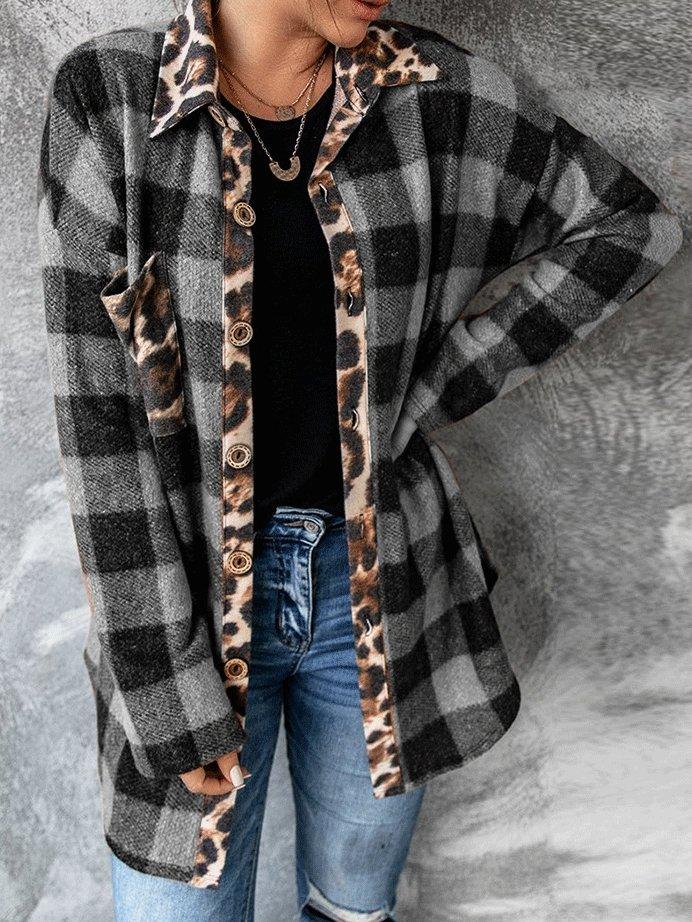 Women's Coats Houndstooth Leopard Print Contrast Plaid Long Sleeve Blouses