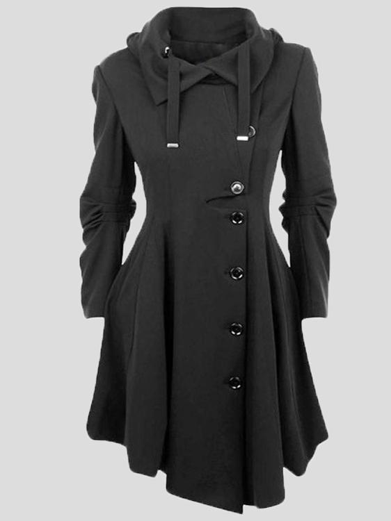 Women's Coats Irregular Pocket Drawstring Buttons Hooded Coat