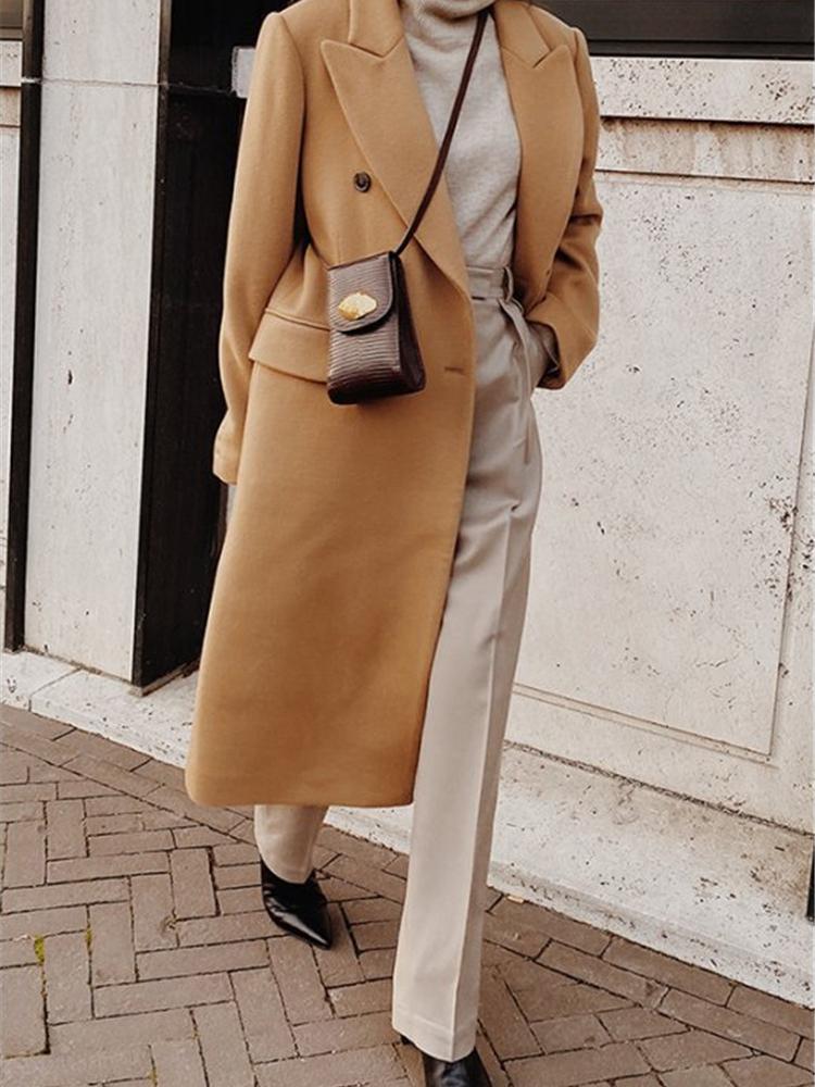 Women's Coats Lapel Button Long Sleeve Woolen Coat