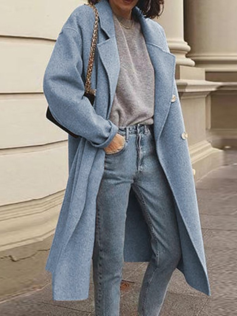 Women's Coats Lapel Double-Breasted Long Woolen Coat