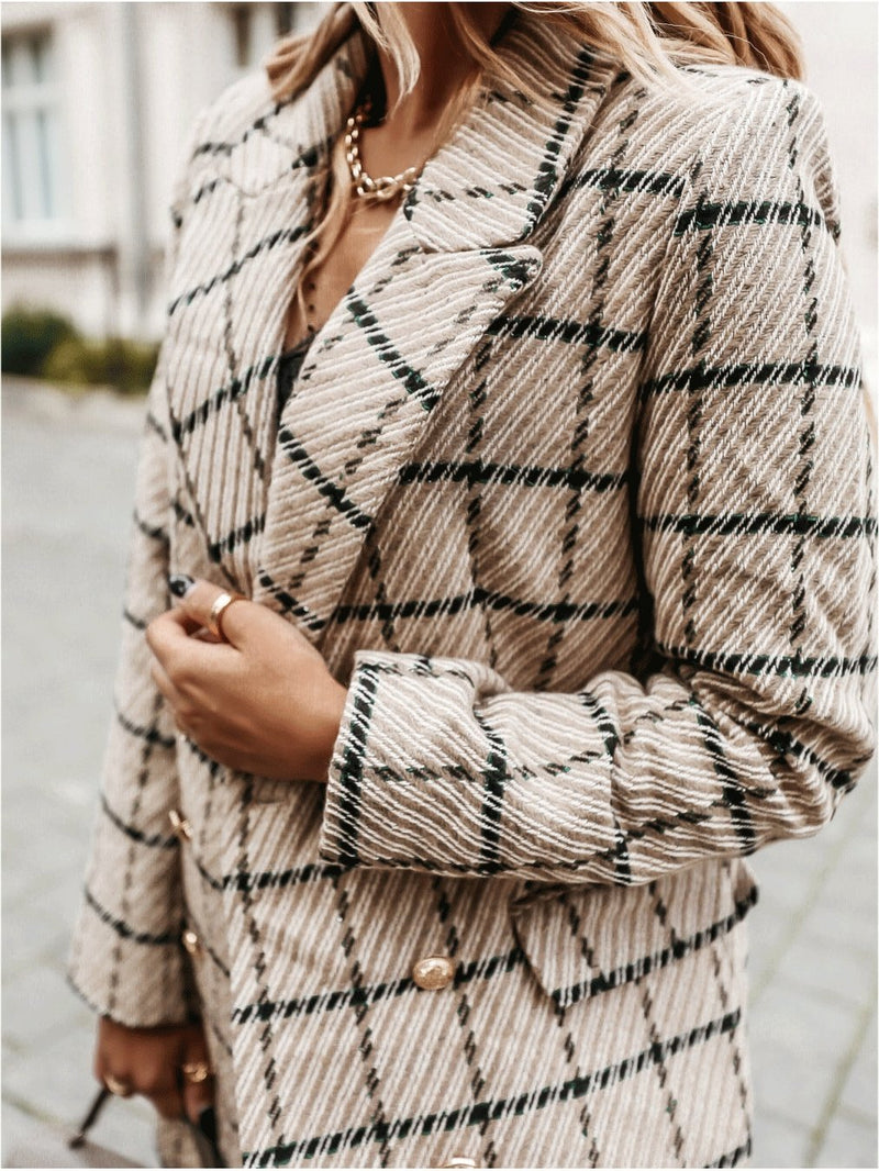 Women's Coats Lapel Double-Breasted Plaid Wool Coat