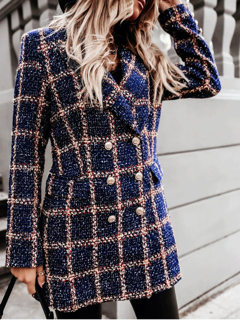 Women's Coats Lapel Double-Breasted Plaid Wool Coat
