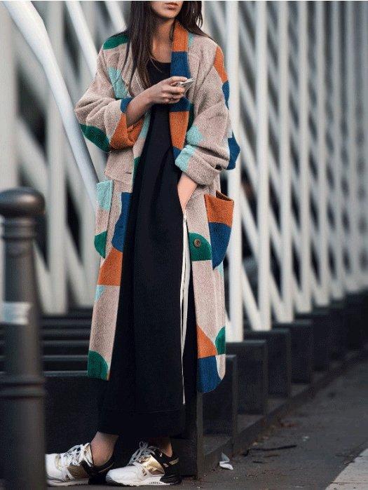 Women's Coats Lapel Multicolor Graphic Print Long Sleeve Coat