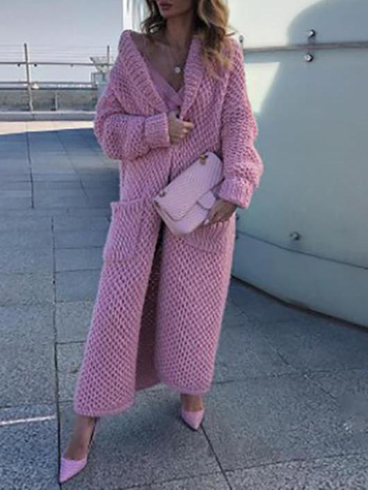 Women's Coats Lapel Pocket Solid Long Knitted Cardigan