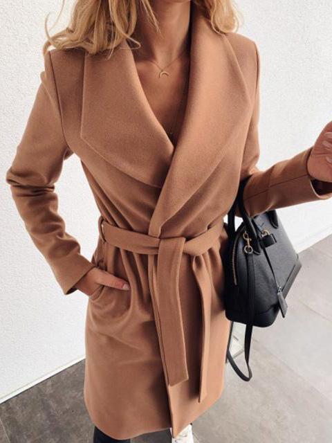 Women's Coats Lapel Slim Fashion Belted Woolen Coat