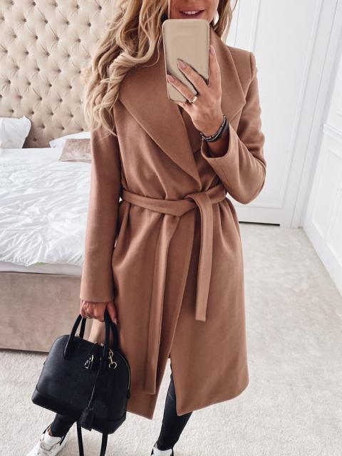 Women's Coats Lapel Slim Fashion Belted Woolen Coat