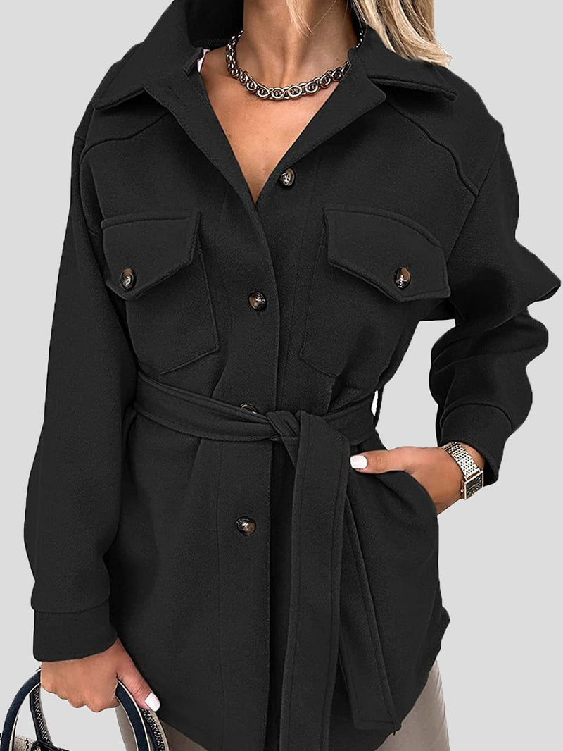 Women's Coats Lapel Tie Button Pocket Woolen Mid-Length Coat
