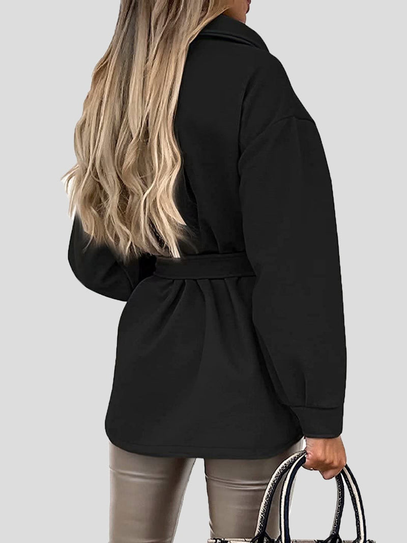 Women's Coats Lapel Tie Button Pocket Woolen Mid-Length Coat