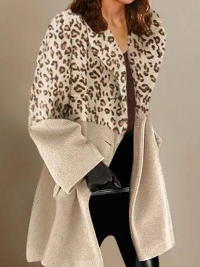 Women's Coats Leopard Panel Lapel Long Sleeve Coat