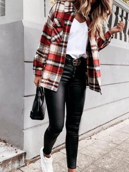 Women's Coats Long Sleeve Pocket Plaid Casual Coats