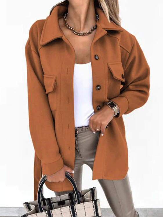 Women's Coats Long Sleeve Solid Lapel Button Belted Woolen Coat