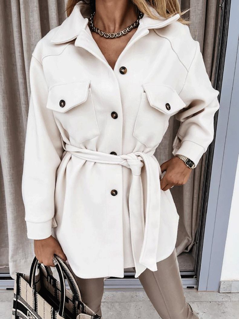 Women's Coats Long Sleeve Solid Lapel Button Belted Woolen Coat