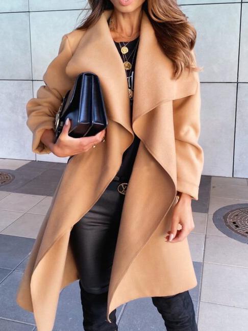 Women's Coats Long Sleeve Solid Tie Woolen Coat