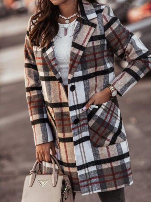 Women's Coats Loose Lapel Check Pocket Woolen Coat