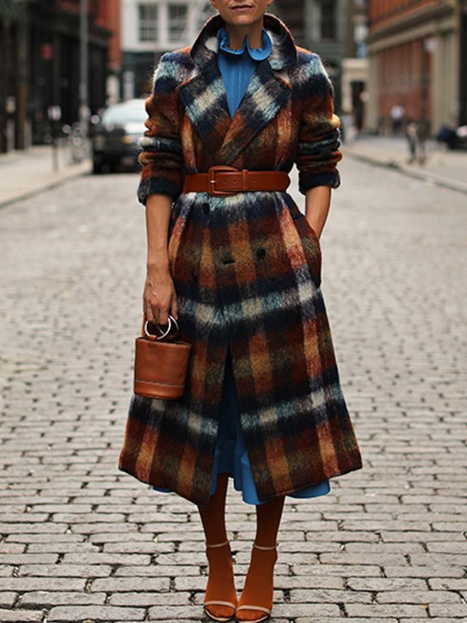Women's Coats Plaid Lapel Double-Breasted Woolen Long Coat