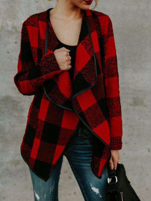 Women's Coats Plaid Lapel Long Sleeve Short Woolen Coat