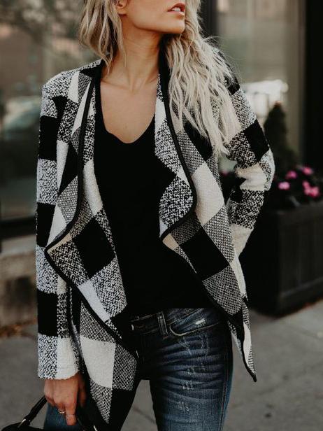 Women's Coats Plaid Lapel Long Sleeve Short Woolen Coat