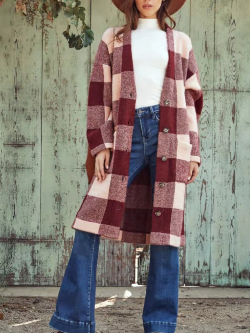 Women's Coats Plaid Single-Breasted Pocket Long Woolen Coat
