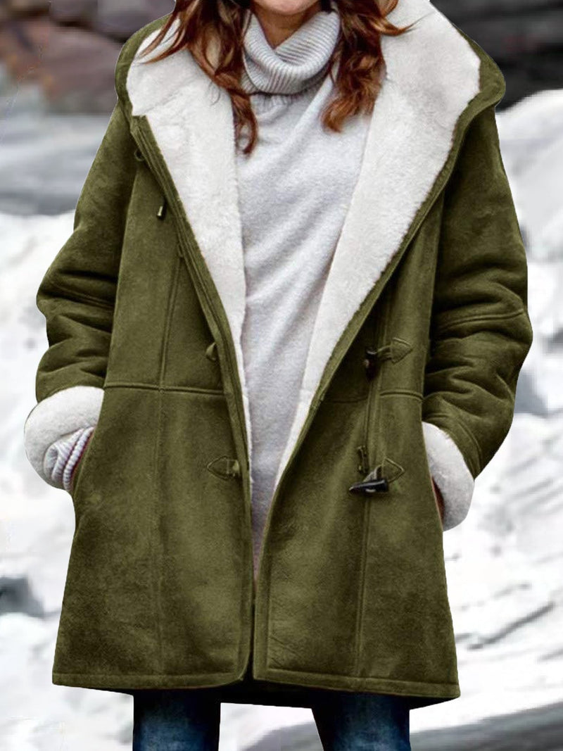 Women's Coats Plush Horn Button Pocket Hooded Long Sleeve Coat