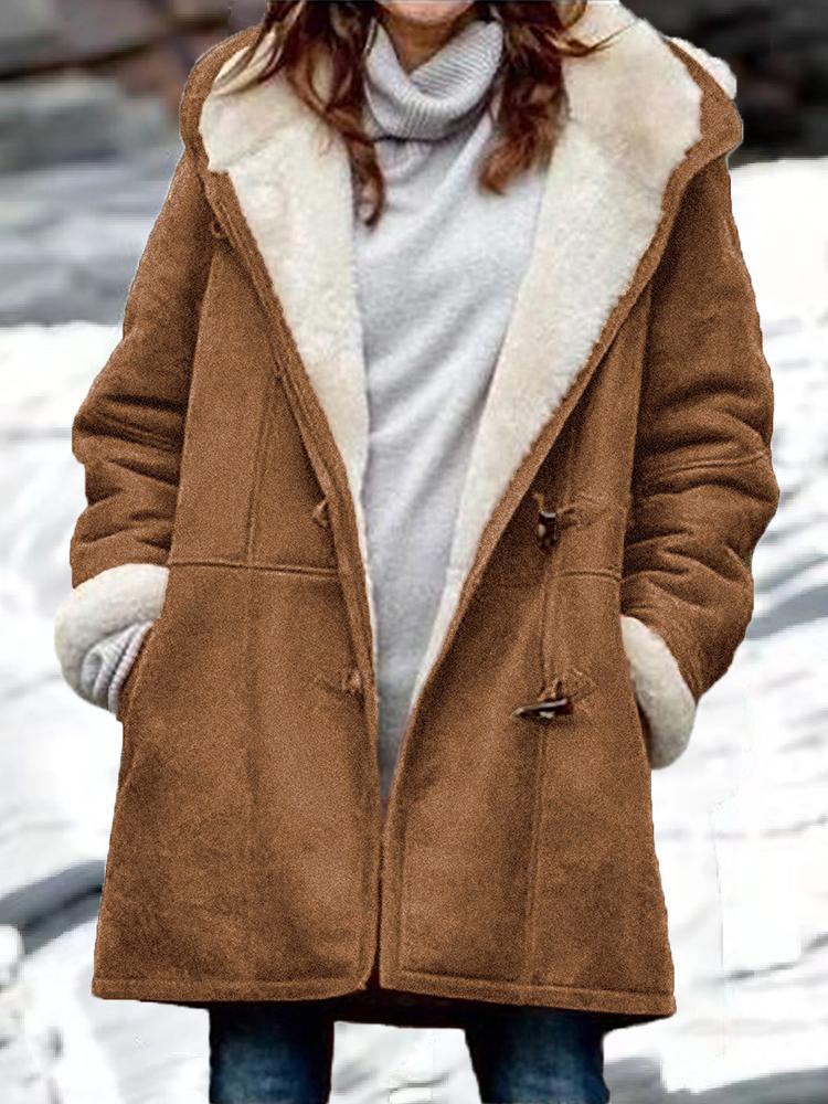 Women's Coats Plush Horn Button Pocket Hooded Long Sleeve Coat