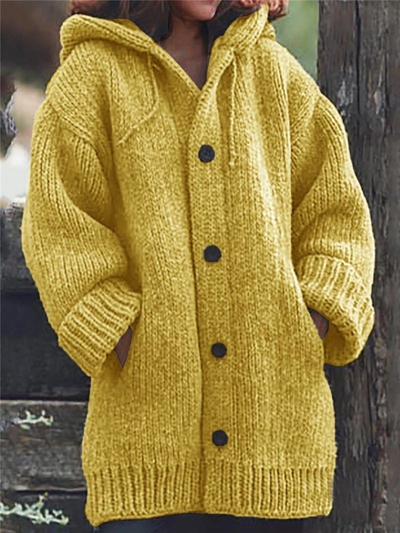 Women's Coats Pocket Button Hooded Sweater Mid-Length Coat