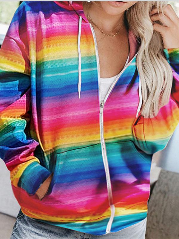 Women's Coats Rainbow Print Slot Pocket Zipper Hooded Coat