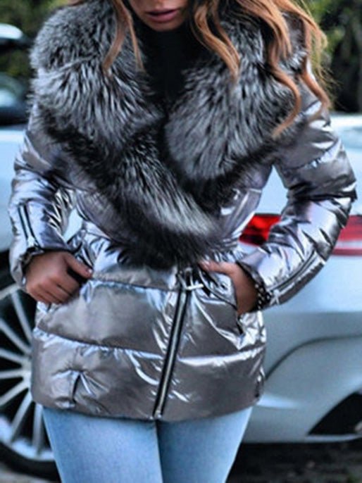 Women's Coats Shiny Big Fur Collar Long Sleeve Down Padded Jacket