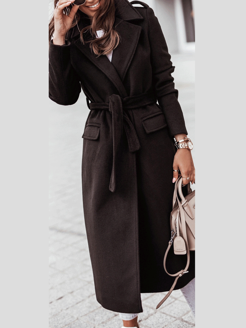 Women's Coats Simple Long Sleeve V-Neck Tie Woolen Coat