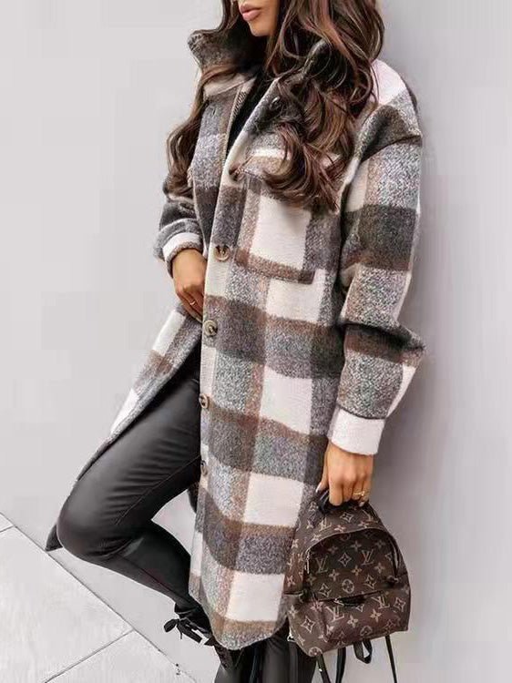 Women's Coats Single Breasted Plaid Brushed Mid Length Wool Coat