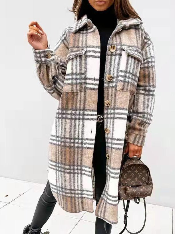 Women's Coats Single Breasted Plaid Brushed Mid Length Wool Coat