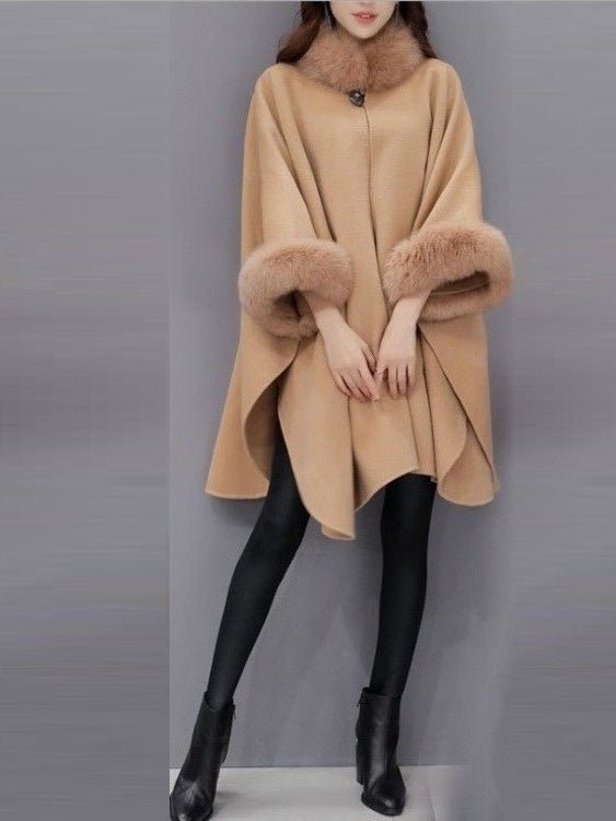 Women's Coats Solid Fur Collar Woolen Shawl Coat