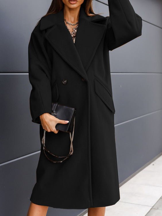 Women's Coats Solid Lapel Button Long Wool Coat