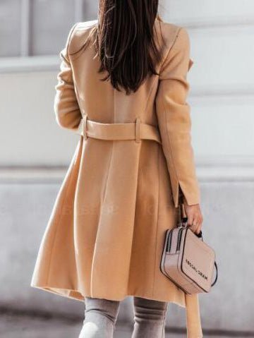 Women's Coats Solid Lapel Button Tie Wool Coats