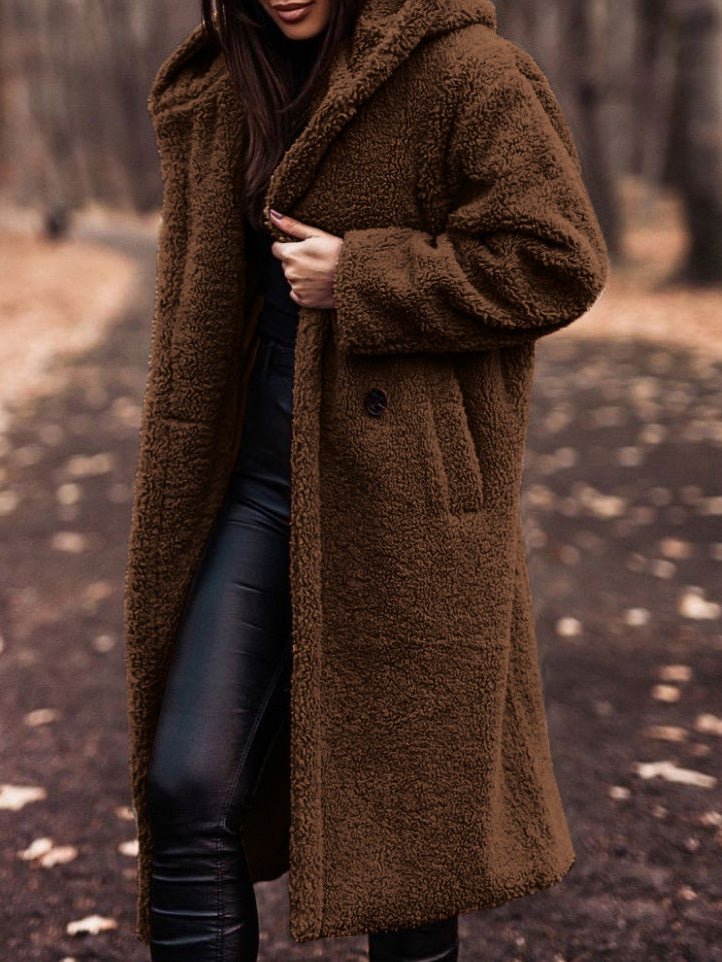 Women's Coats Solid Pocket Long Sleeve Hooded Wool Coat