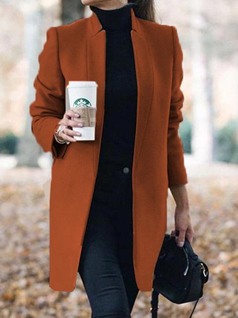 Women's Coats Solid Stand-Collar Mid-Length Woolen Coat