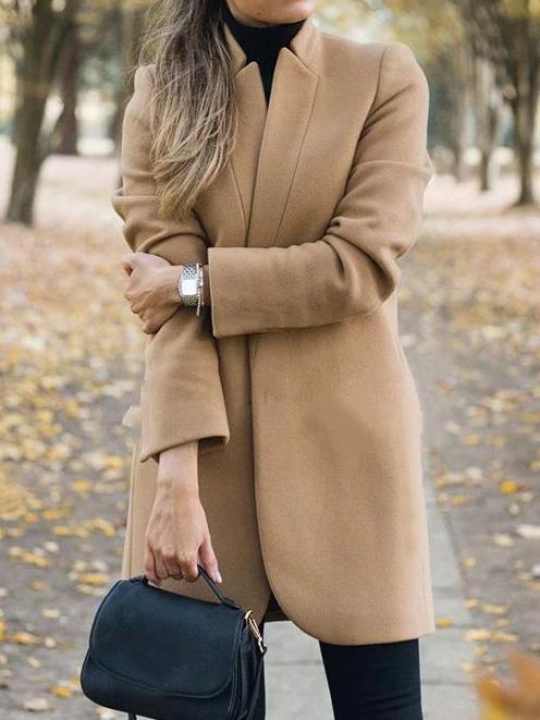 Women's Coats Solid Stand-Collar Mid-Length Woolen Coat